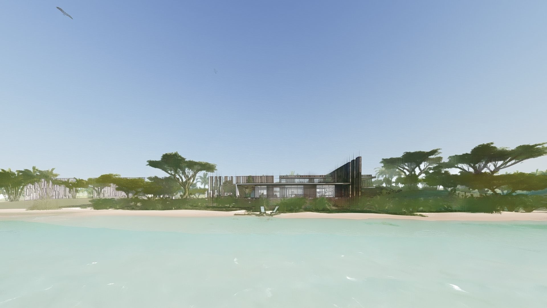 Modern beach house with interior and 3d grass 3D model_14