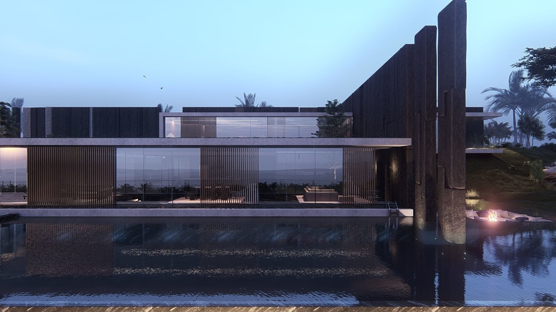 Modern beach house with interior and 3d grass 3D model_17