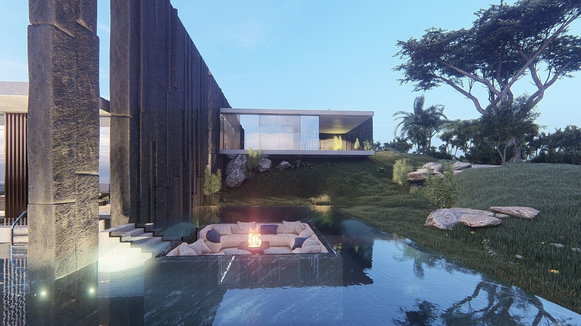 Modern beach house with interior and 3d grass 3D model_5