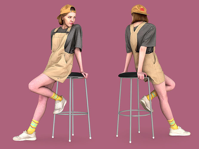 Teen Girl Leans on a Bar Stool 3D model