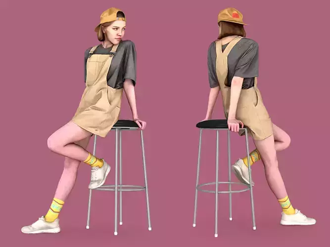Teen Girl Leans on a Bar Stool 3D model