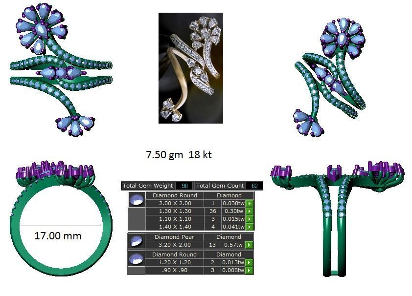 Pear Flower Diamonds High Jewelry Cocktail Ring 3dm stl 3D print model_3