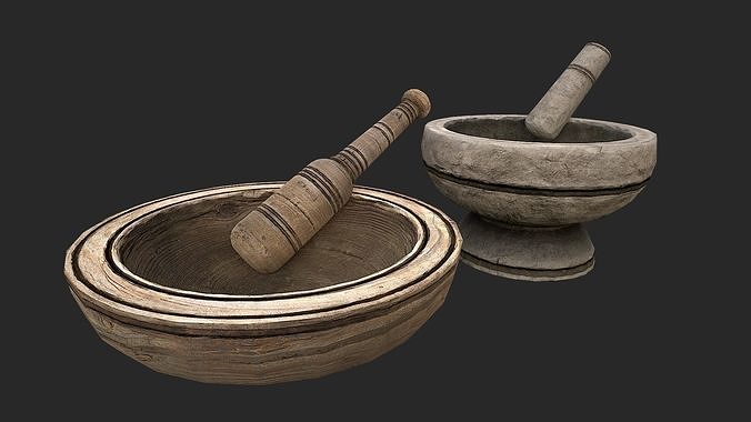 Mortar and pestle Medieval set Low-poly 3D model