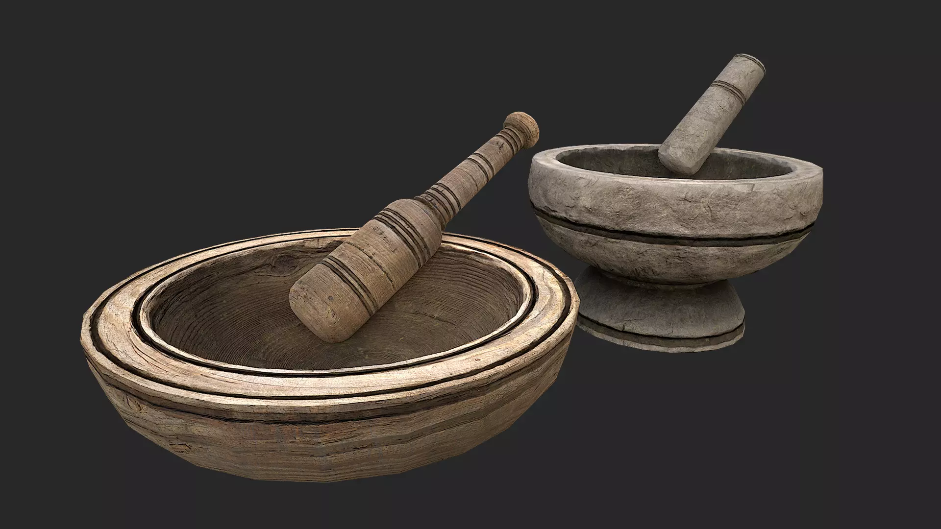 Mortar and pestle Medieval set Low-poly 3D model_0