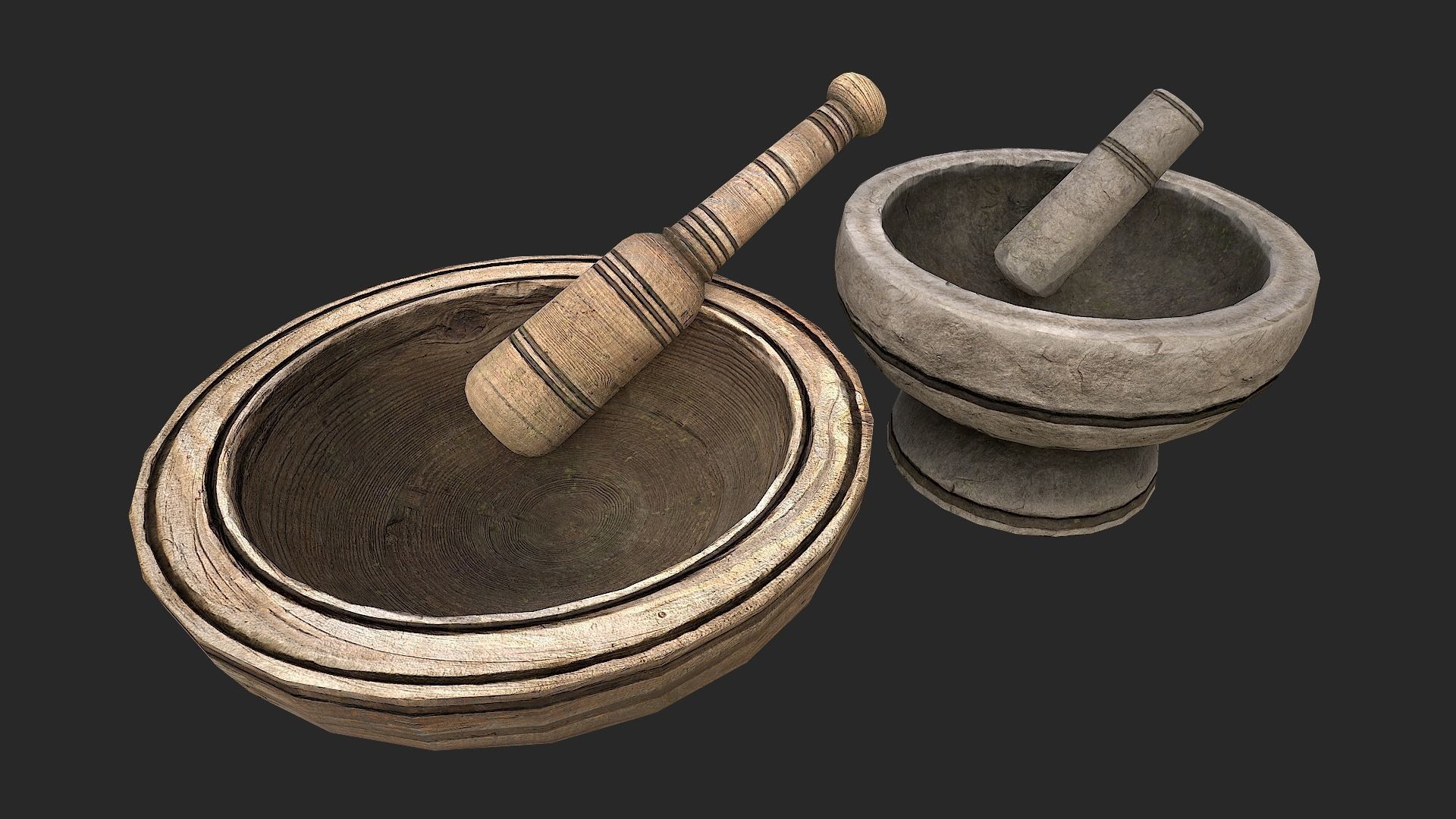 Mortar and pestle Medieval set Low-poly 3D model_1