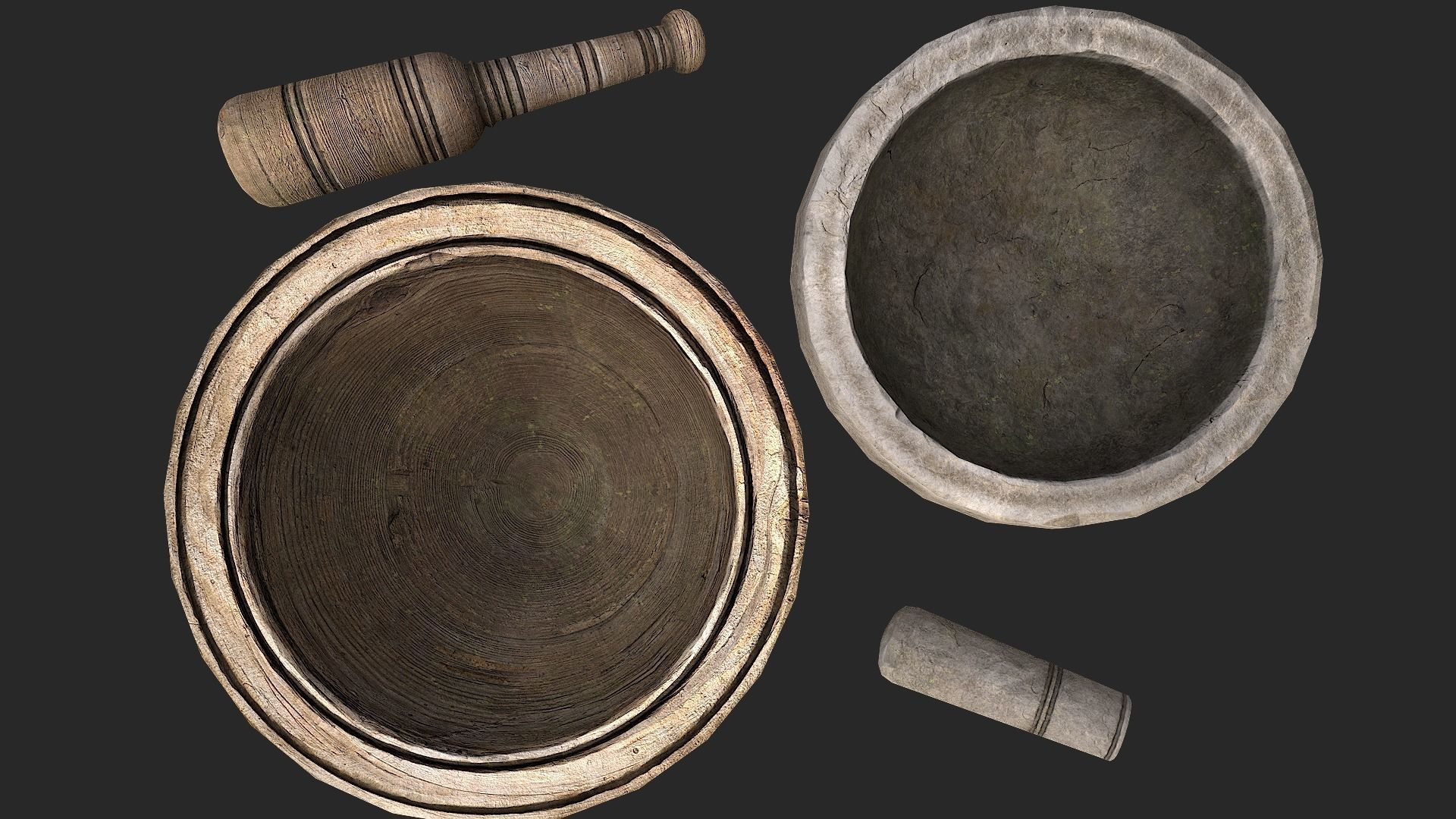 Mortar and pestle Medieval set Low-poly 3D model_2