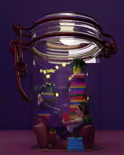  a girl reading a book in a glass jar