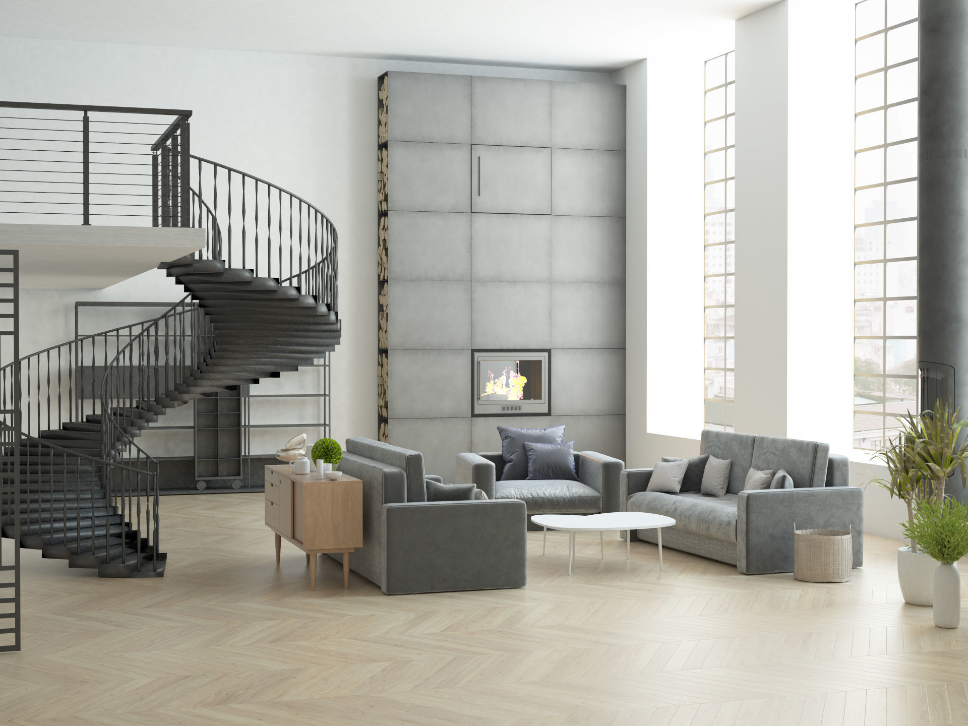 Ready to render and decorate interior high ceiling loft room 3D model_1