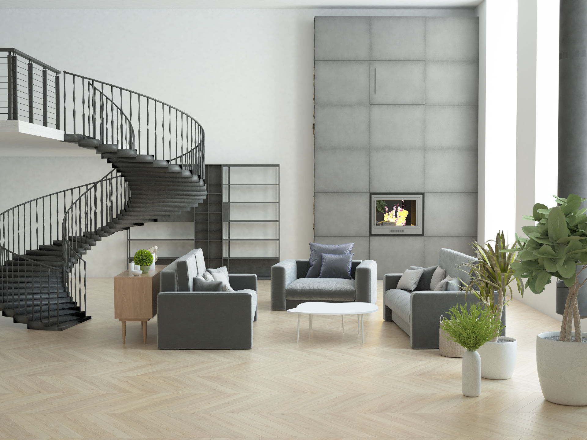 Ready to render and decorate interior high ceiling loft room 3D model_3