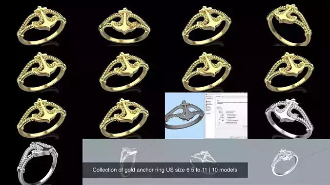 Collection of gold anchor ring US size 6 5 to 11
