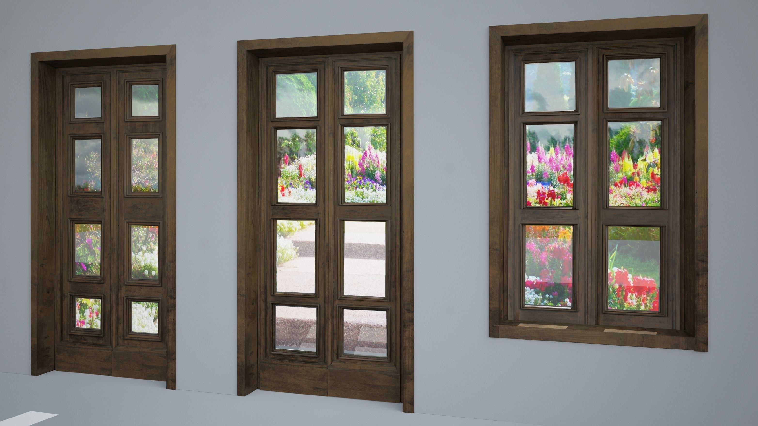 Old solid wood door and windows Low-poly 3D model_2