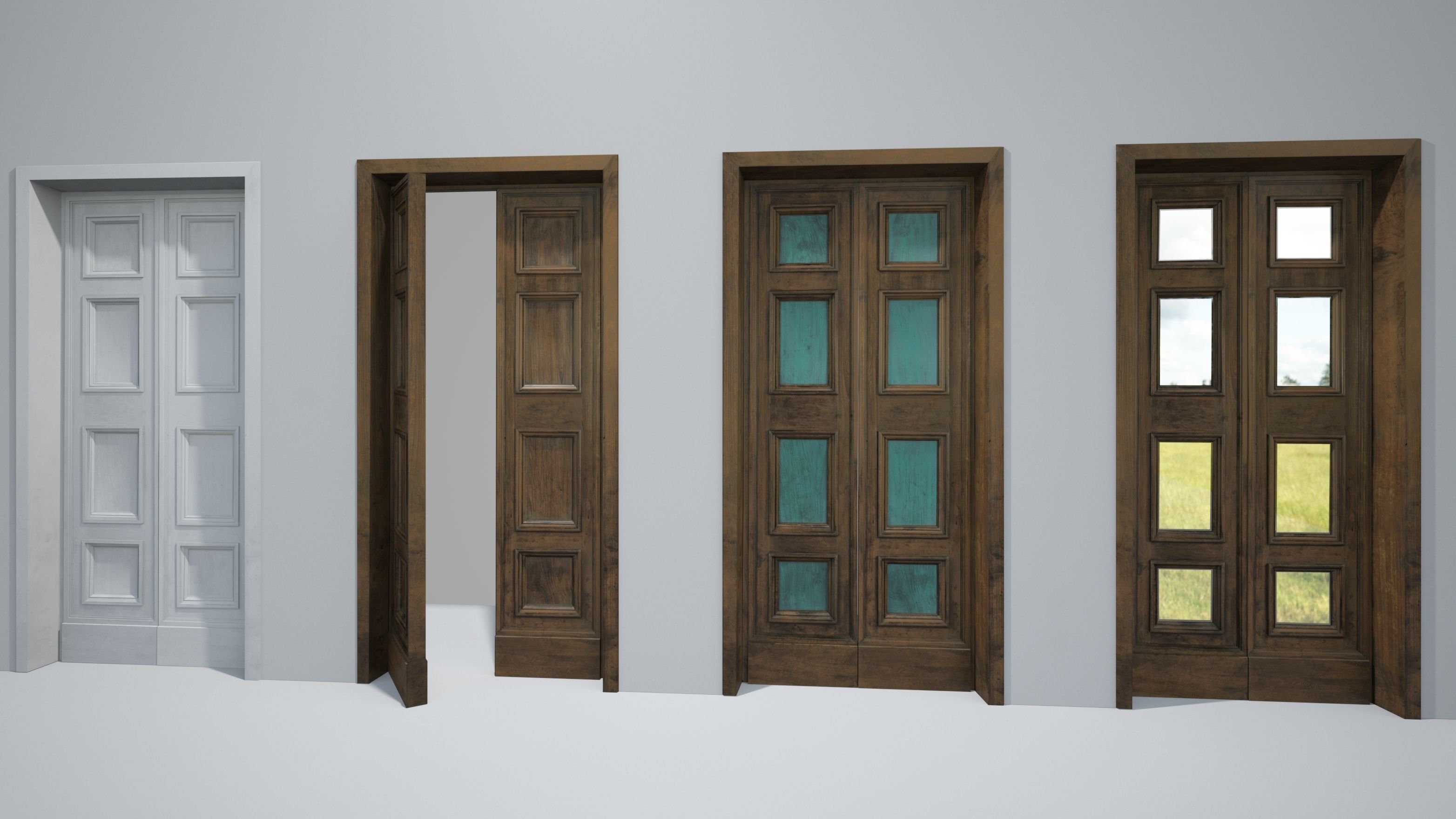 Old solid wood door and windows Low-poly 3D model_1