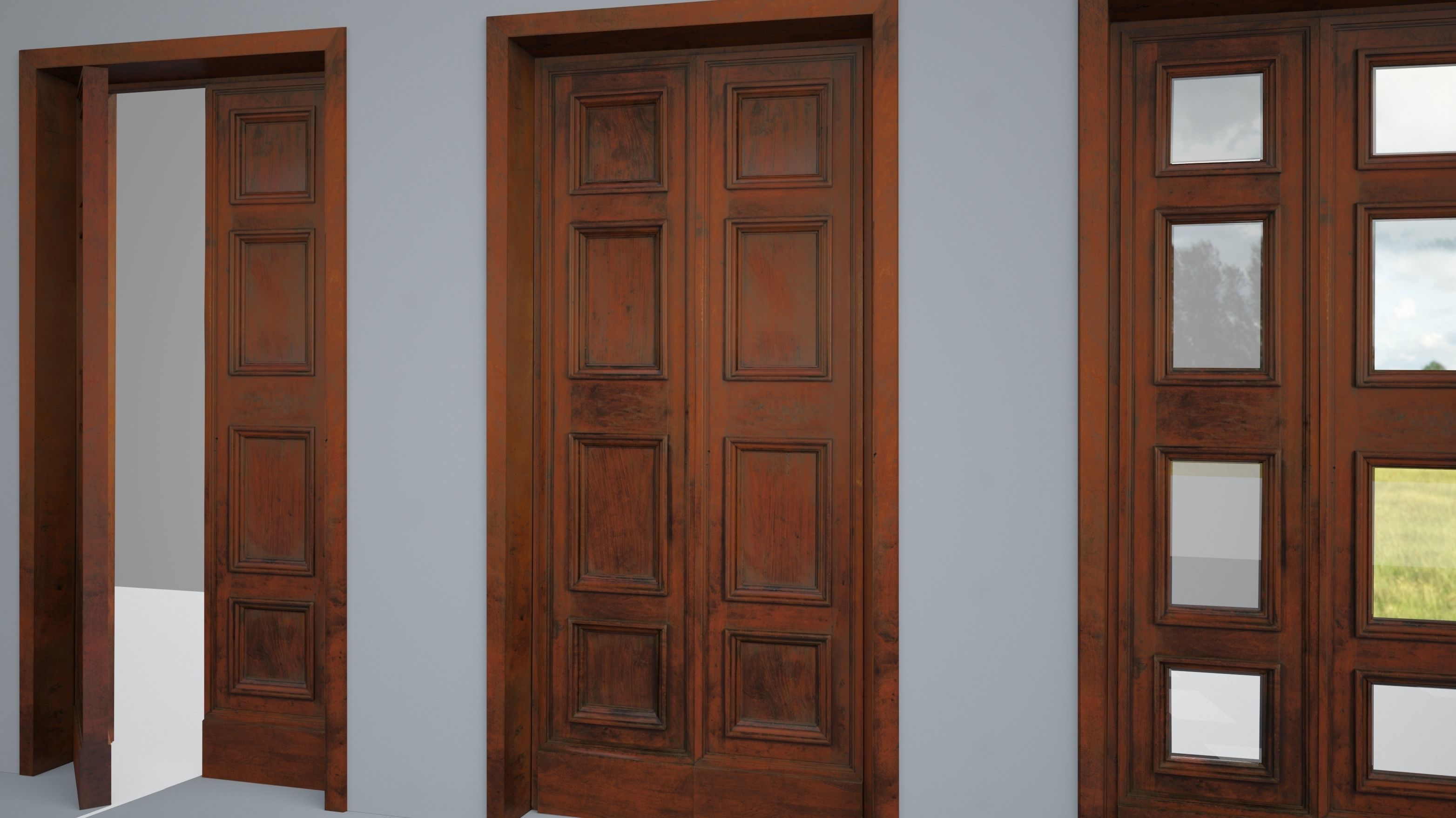 Old solid wood door and windows Low-poly 3D model_8