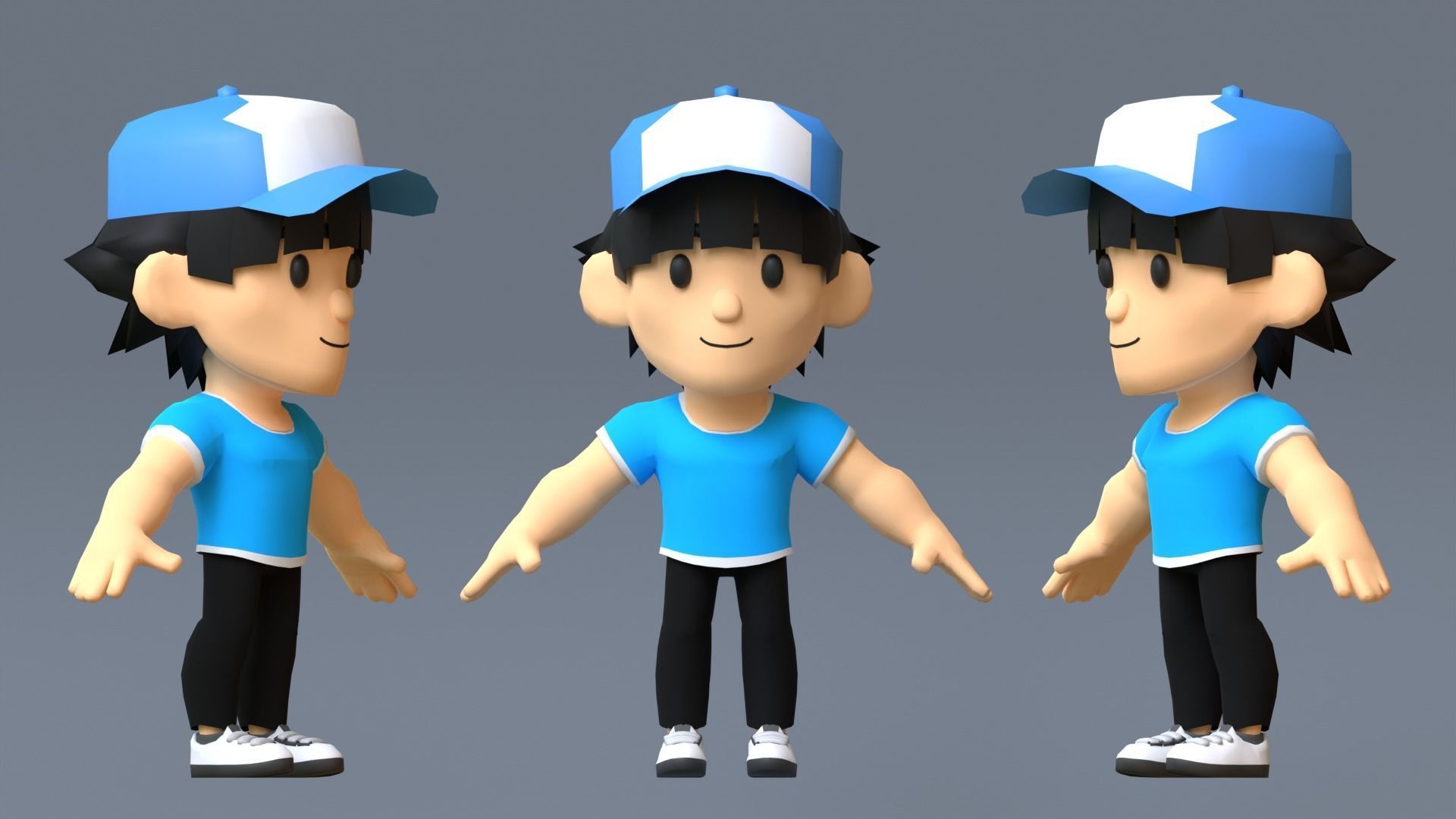 Boy Low Poly cartoon character wearing cap Low-poly 3D model_2