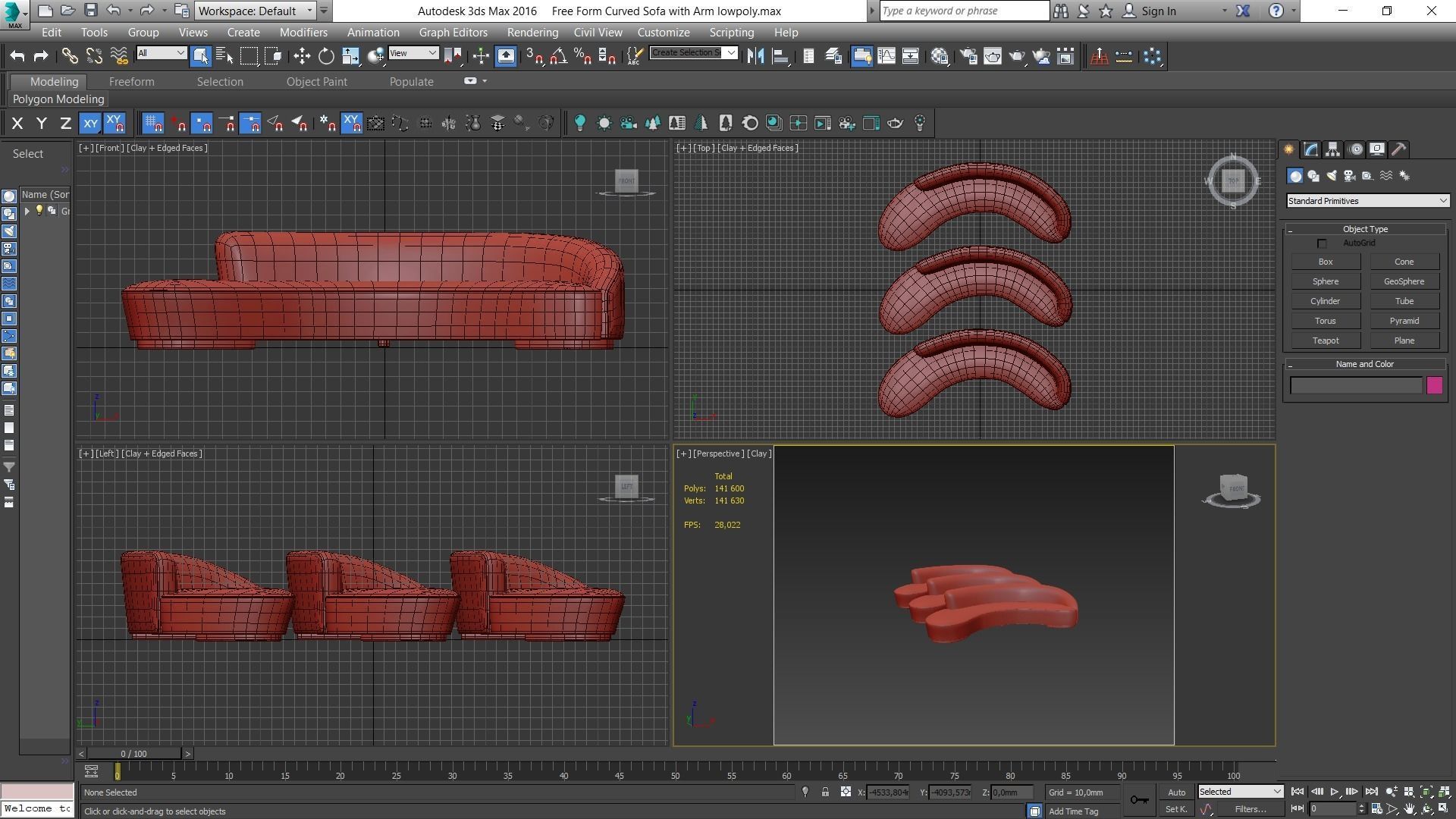 Free Form Curved Sofa with Arm Low-poly 3D model_3