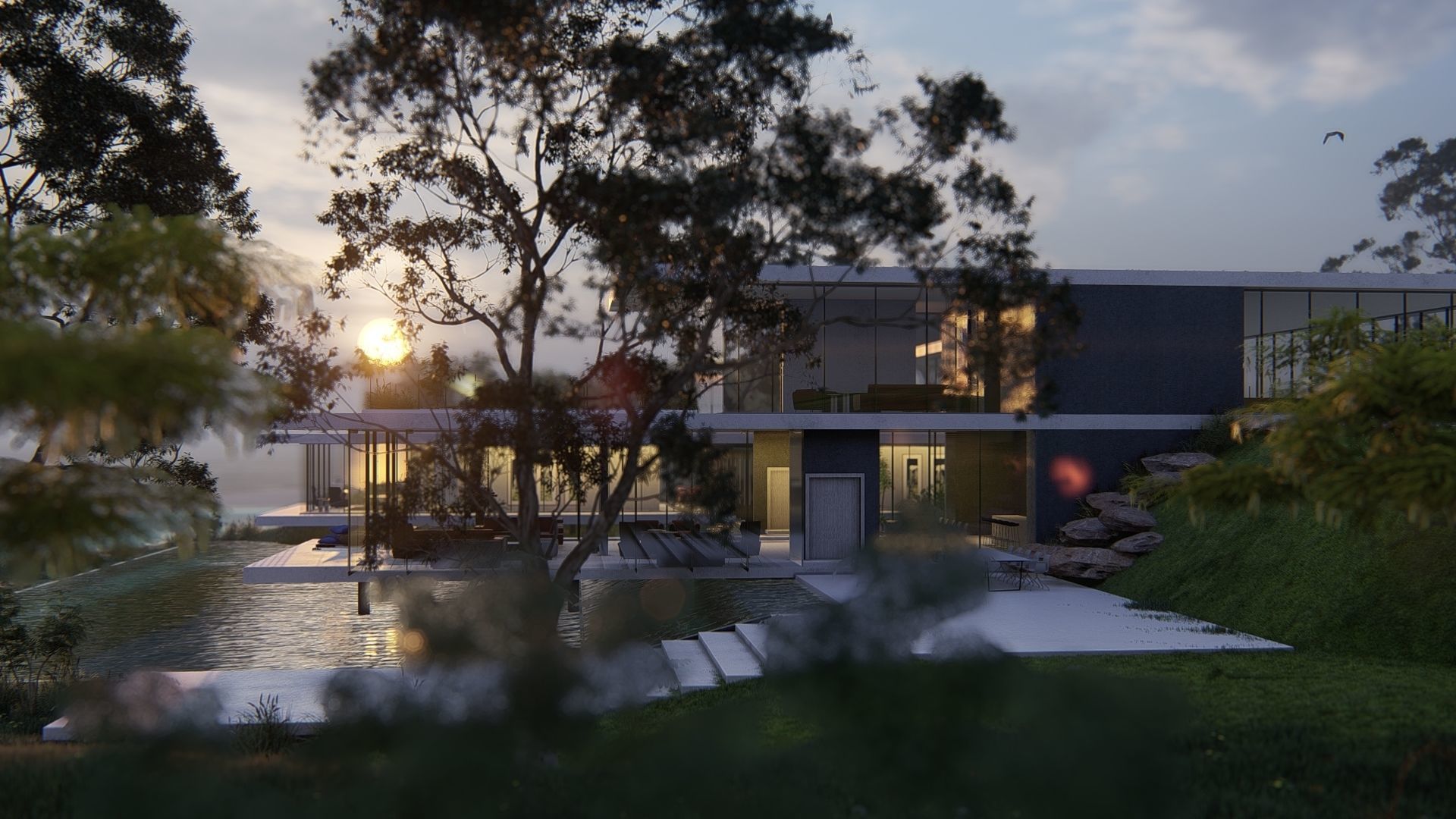 Modern beach villa with interior and 3d grass Revit Lumion 3D model_1