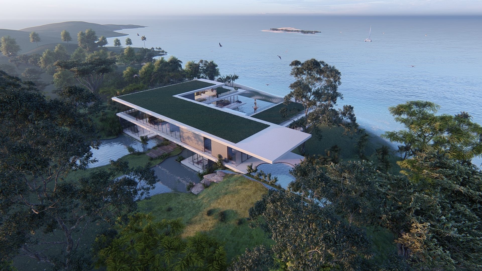 Modern beach villa with interior and 3d grass Revit Lumion 3D model_12