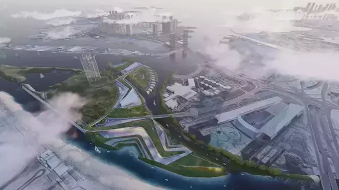 Mixed use urban design animated with 3d grass 3D model