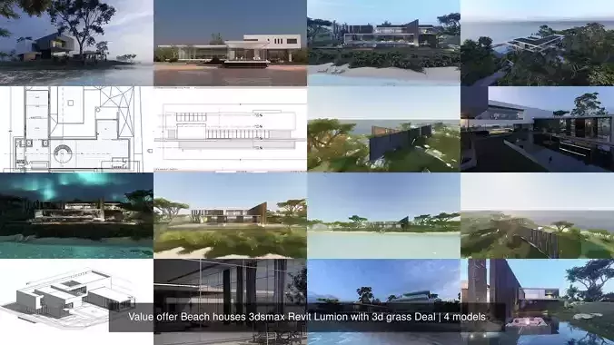 Value offer Beach houses 3dsmax Revit Lumion with 3d grass Deal 3D Model Collection