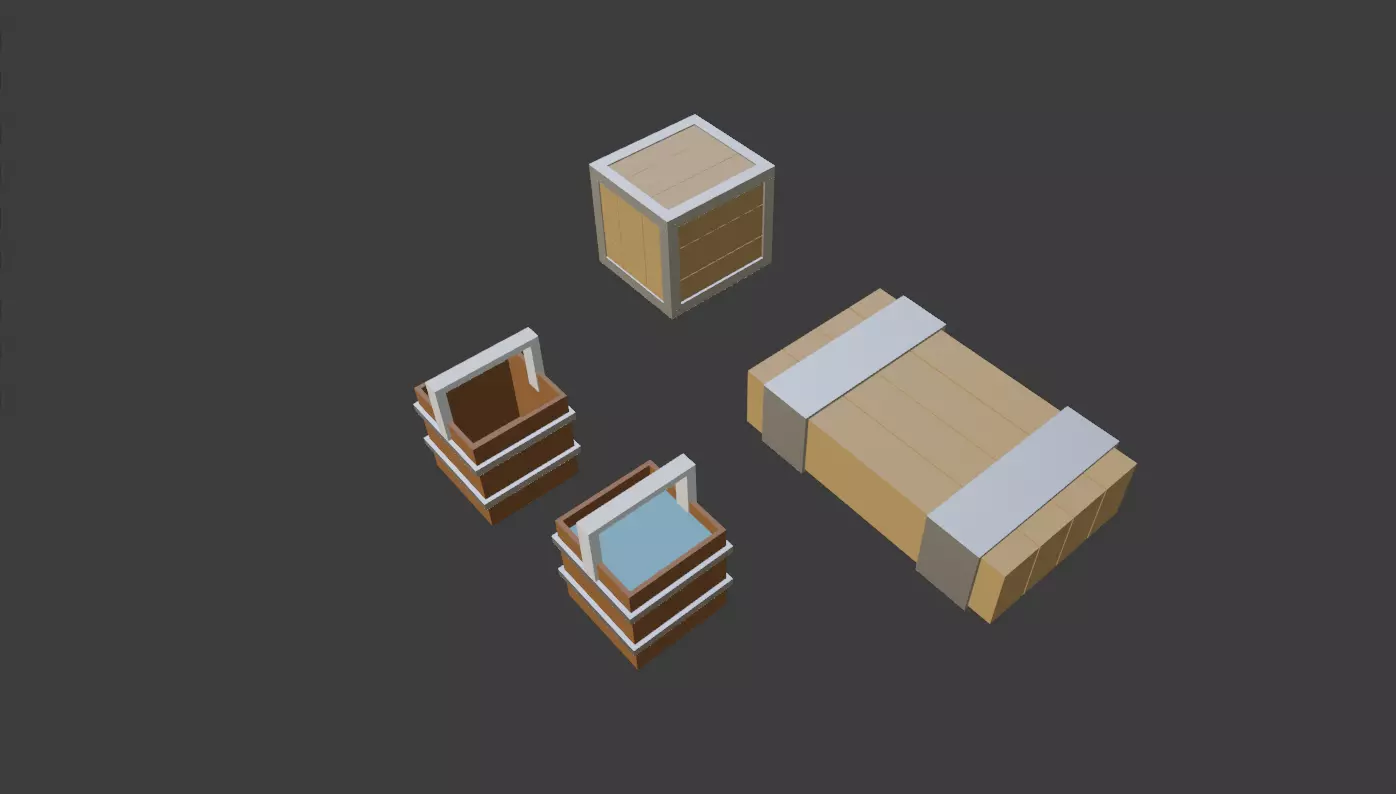 Boxes and barrel Low-poly 3D model_0