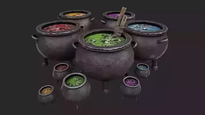 Cauldron Set with liquid in it Low-poly 3D model
