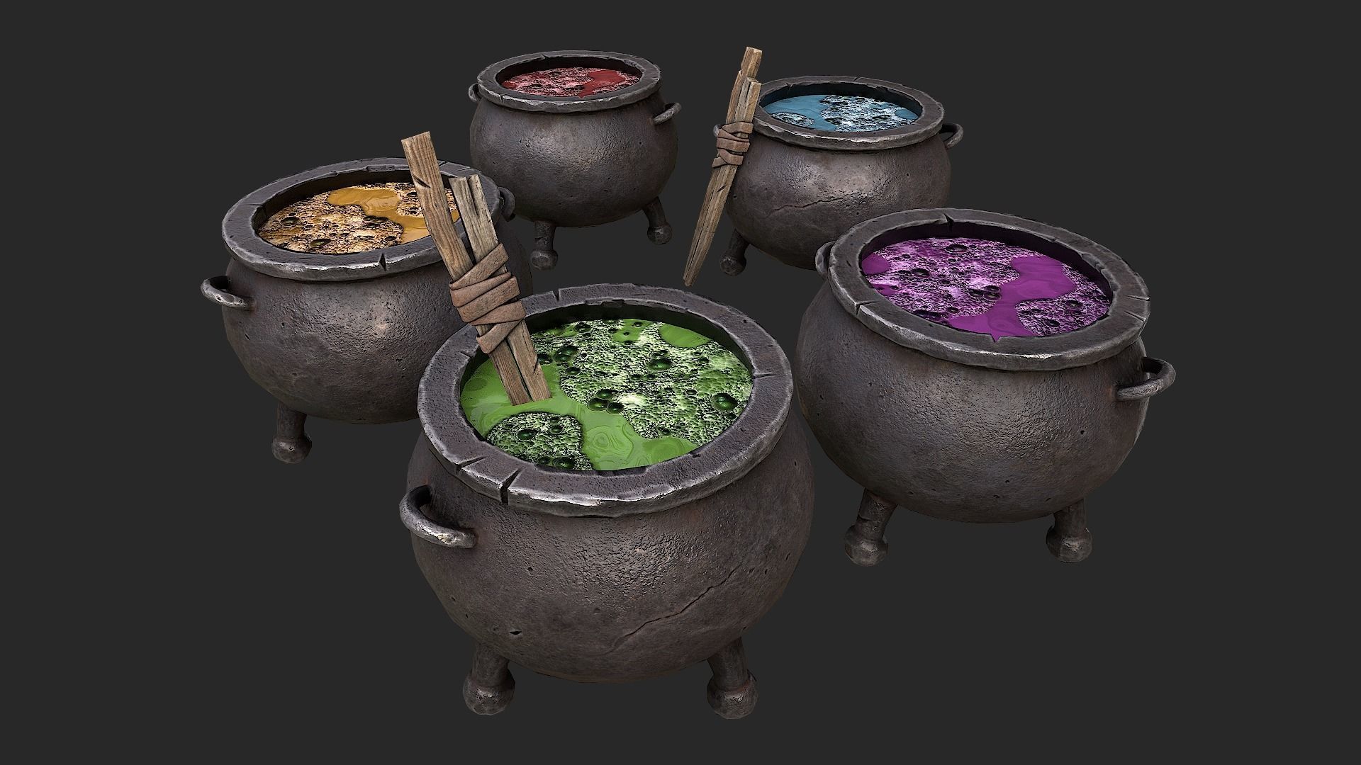 Cauldron Set with liquid in it Low-poly 3D model_4