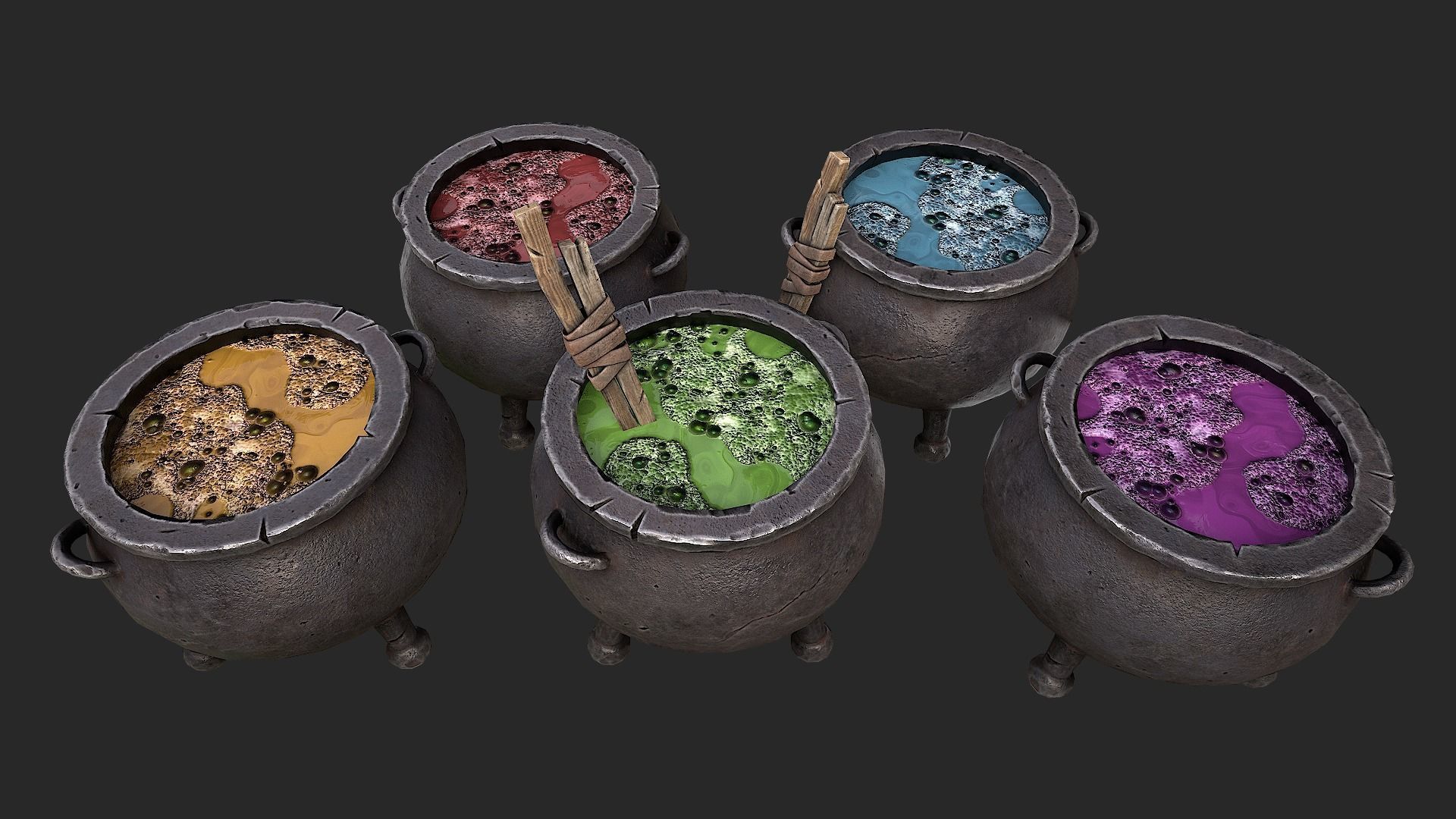 Cauldron Set with liquid in it Low-poly 3D model_5
