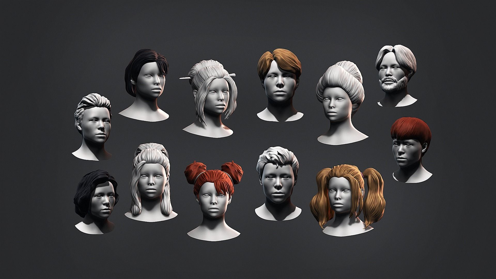 Hair - Low Poly Hairstyle Kitbashes 3D Model Collection_0