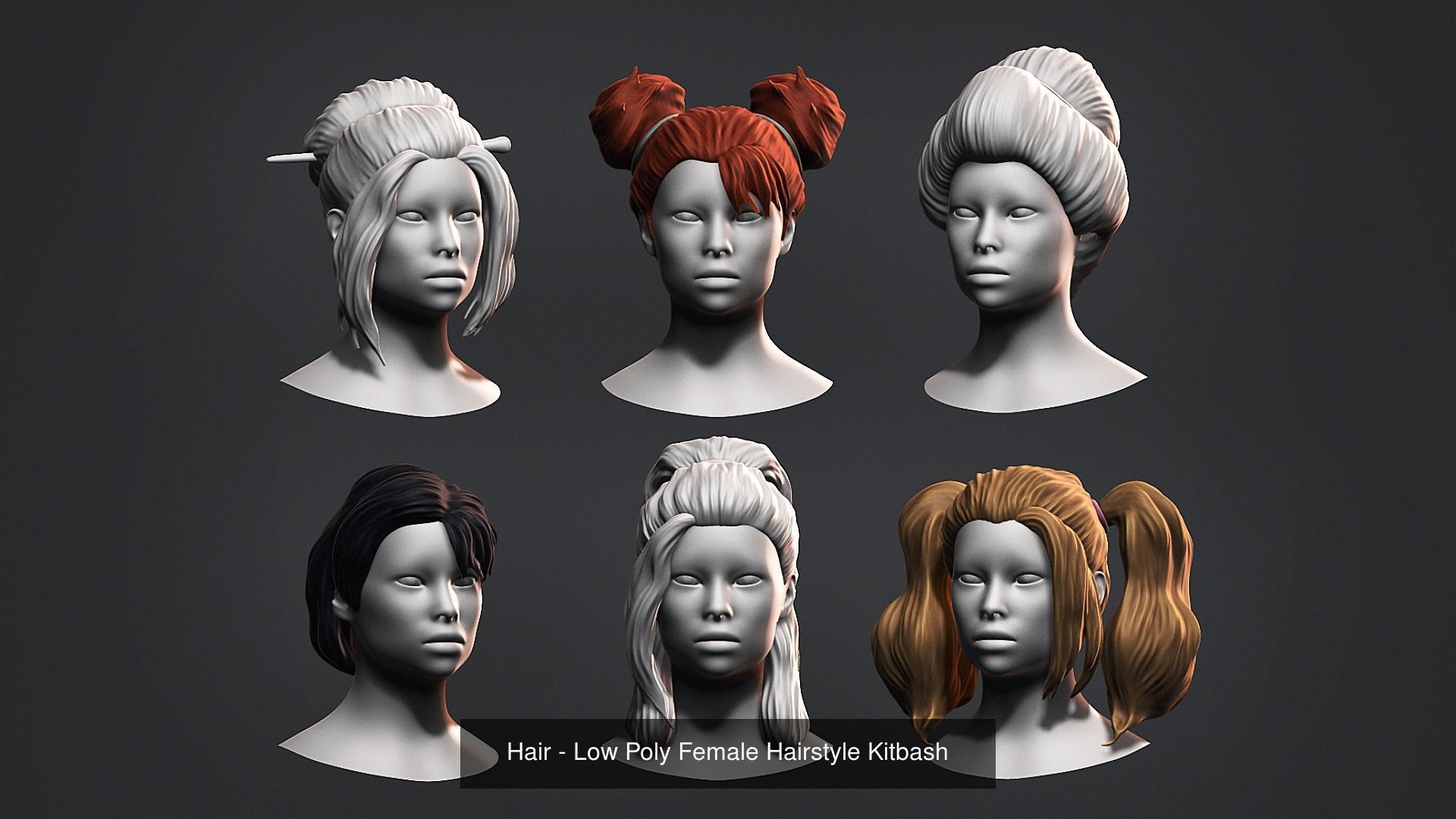 Hair - Low Poly Hairstyle Kitbashes 3D Model Collection_2