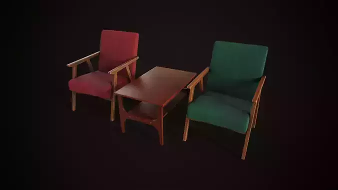 Vintage armchair and coffee table Low-poly 3D model