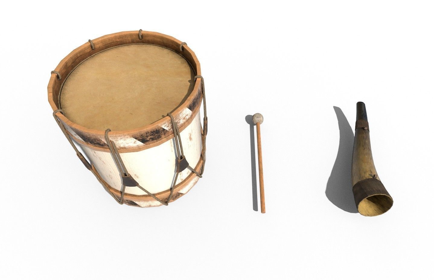 Historic war drum and signal horn Low-poly 3D model_3