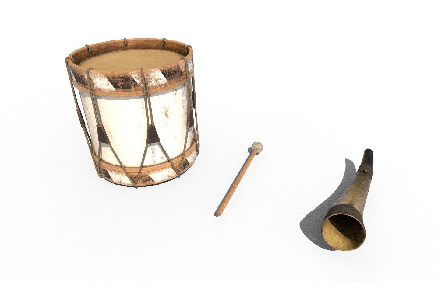 Historic war drum and signal horn Low-poly 3D model_2