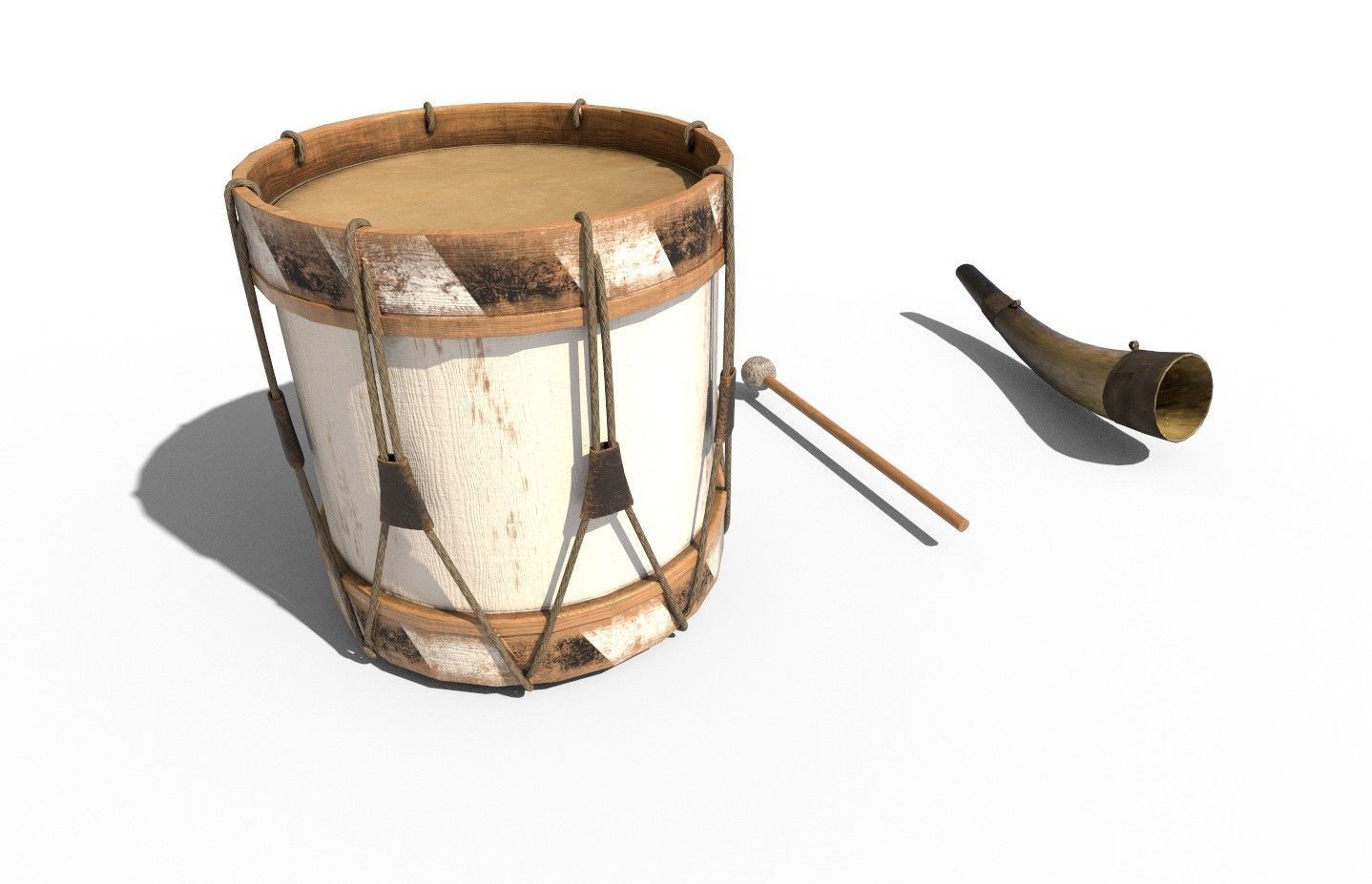 Historic war drum and signal horn Low-poly 3D model_7