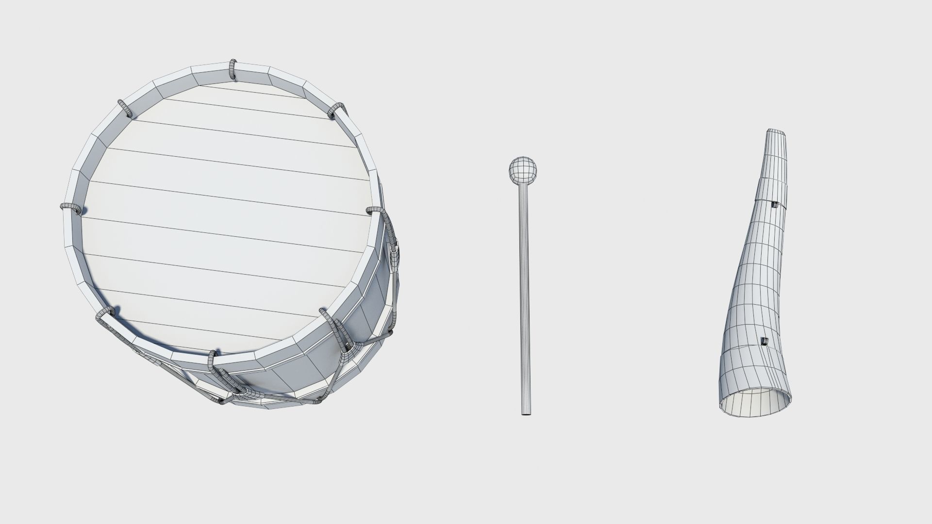 Historic war drum and signal horn Low-poly 3D model_41
