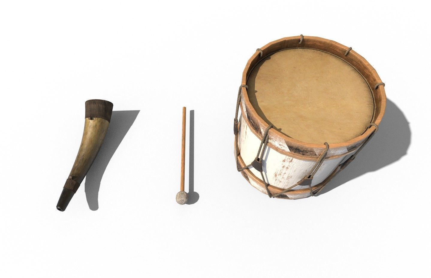 Historic war drum and signal horn Low-poly 3D model_5