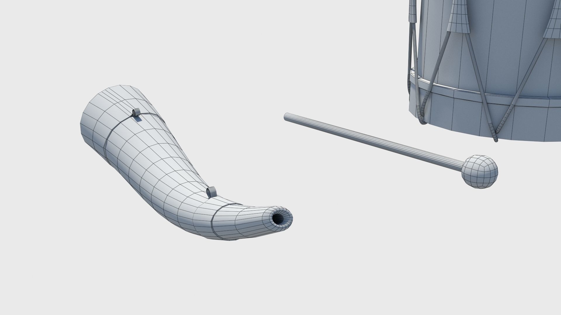 Historic war drum and signal horn Low-poly 3D model_44
