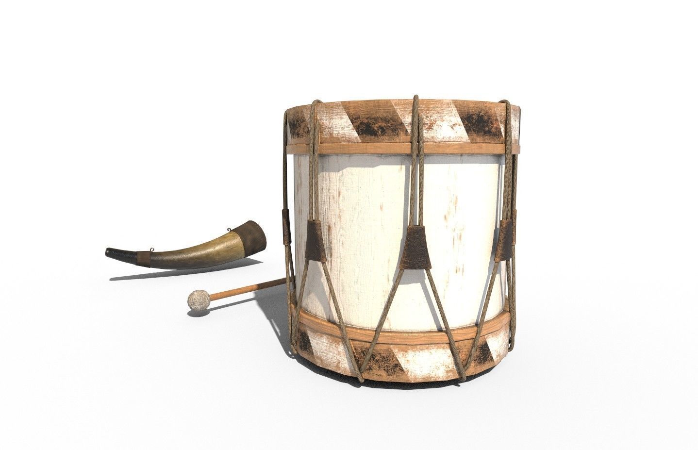 Historic war drum and signal horn Low-poly 3D model_6