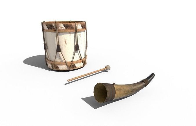 Historic war drum and signal horn Low-poly 3D model