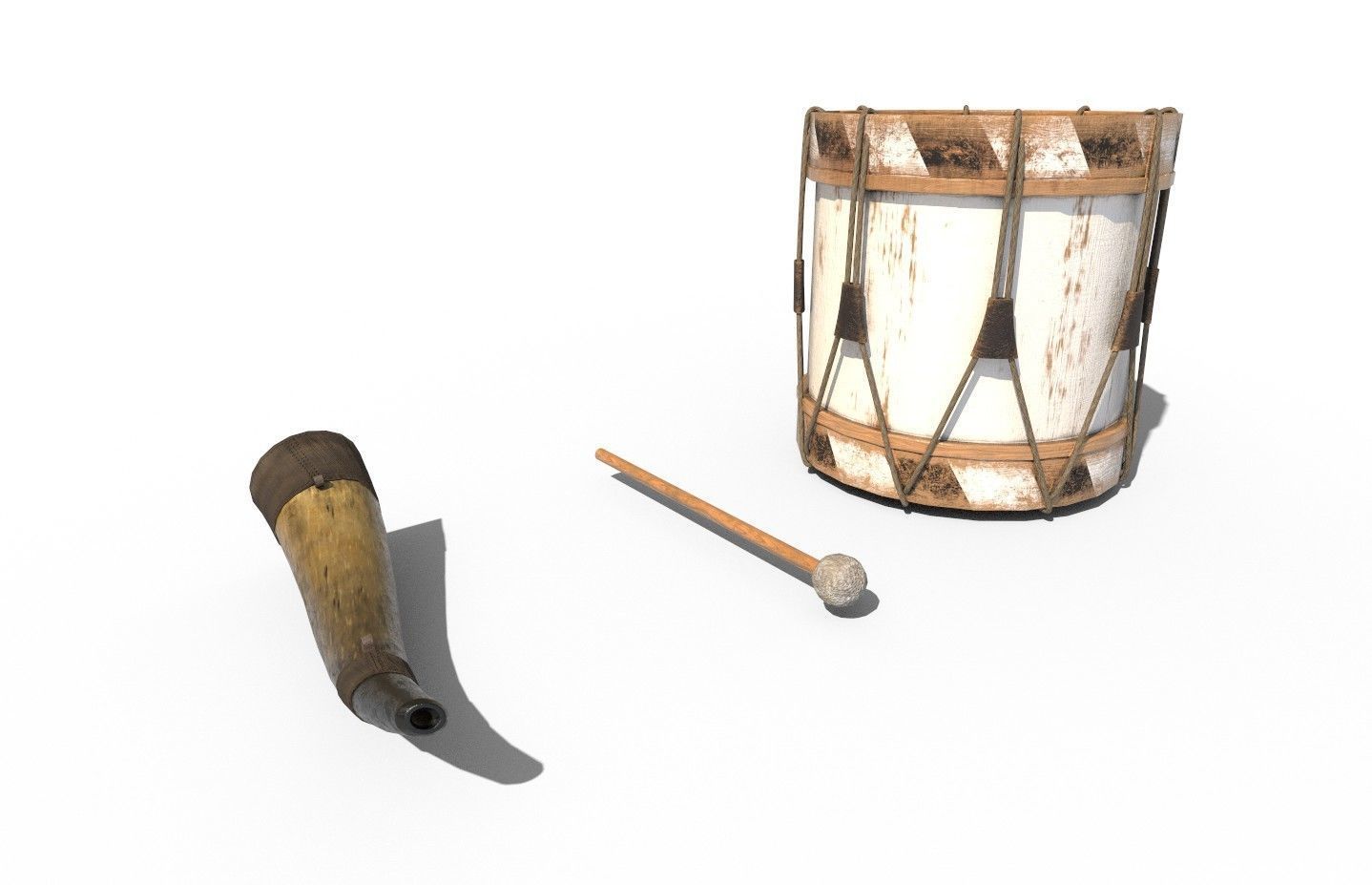 Historic war drum and signal horn Low-poly 3D model_4