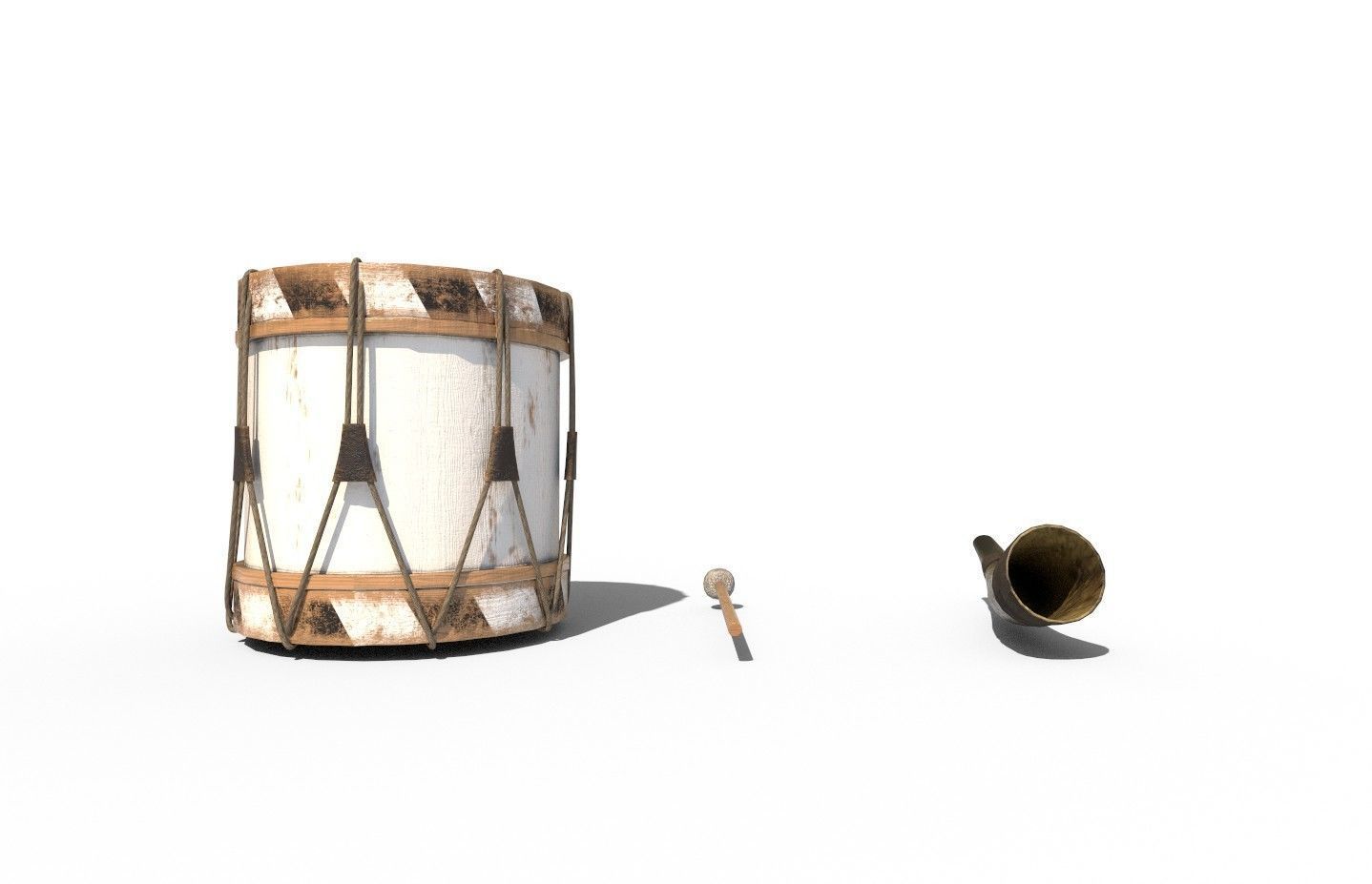 Historic war drum and signal horn Low-poly 3D model_8