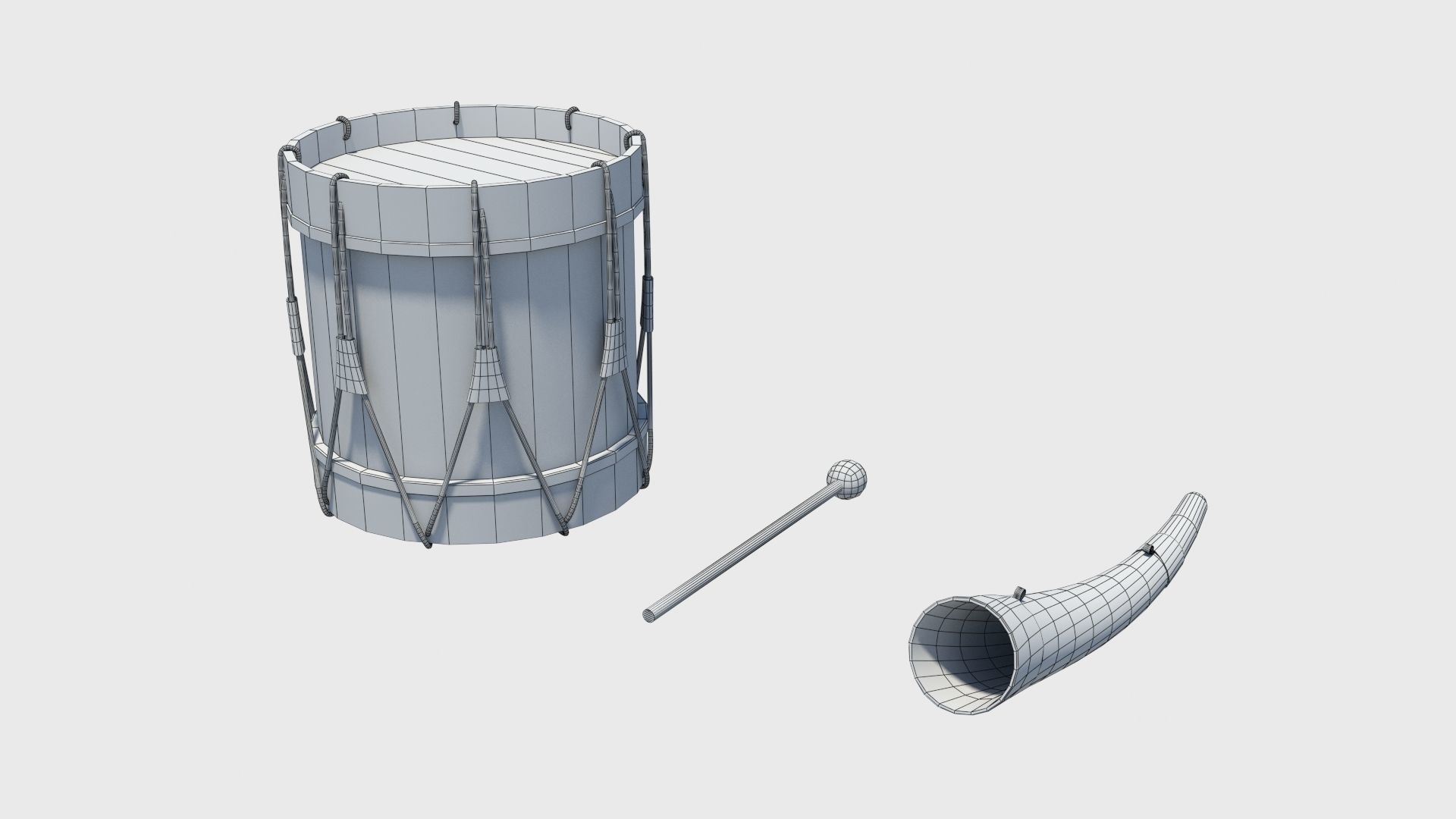 Historic war drum and signal horn Low-poly 3D model_1