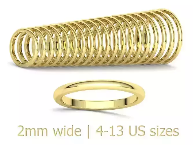 Classic Wedding Band 2mm wide 4-13US sizes 19 rings 3D print model