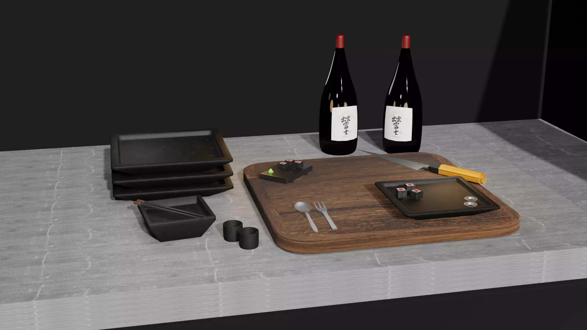 kitchen japanese table with bottle of wine Low-poly 3D model_0