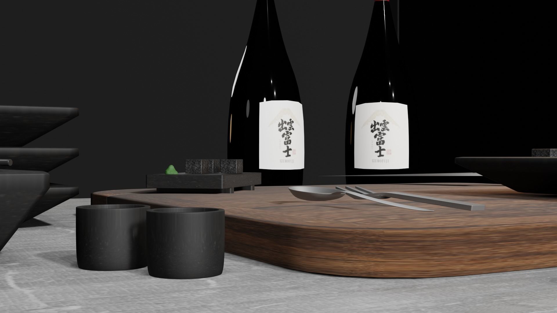 kitchen japanese table with bottle of wine Low-poly 3D model_3