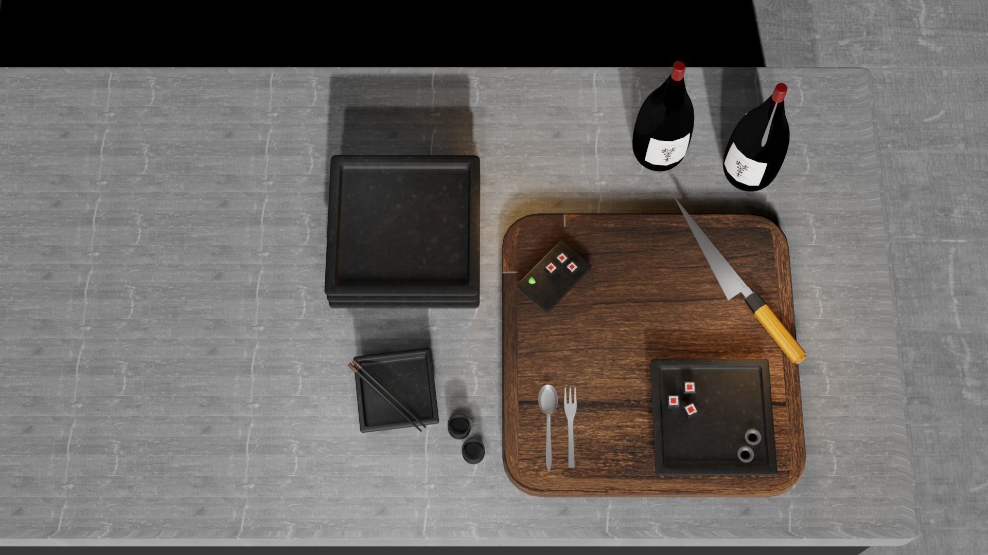kitchen japanese table with bottle of wine Low-poly 3D model_2