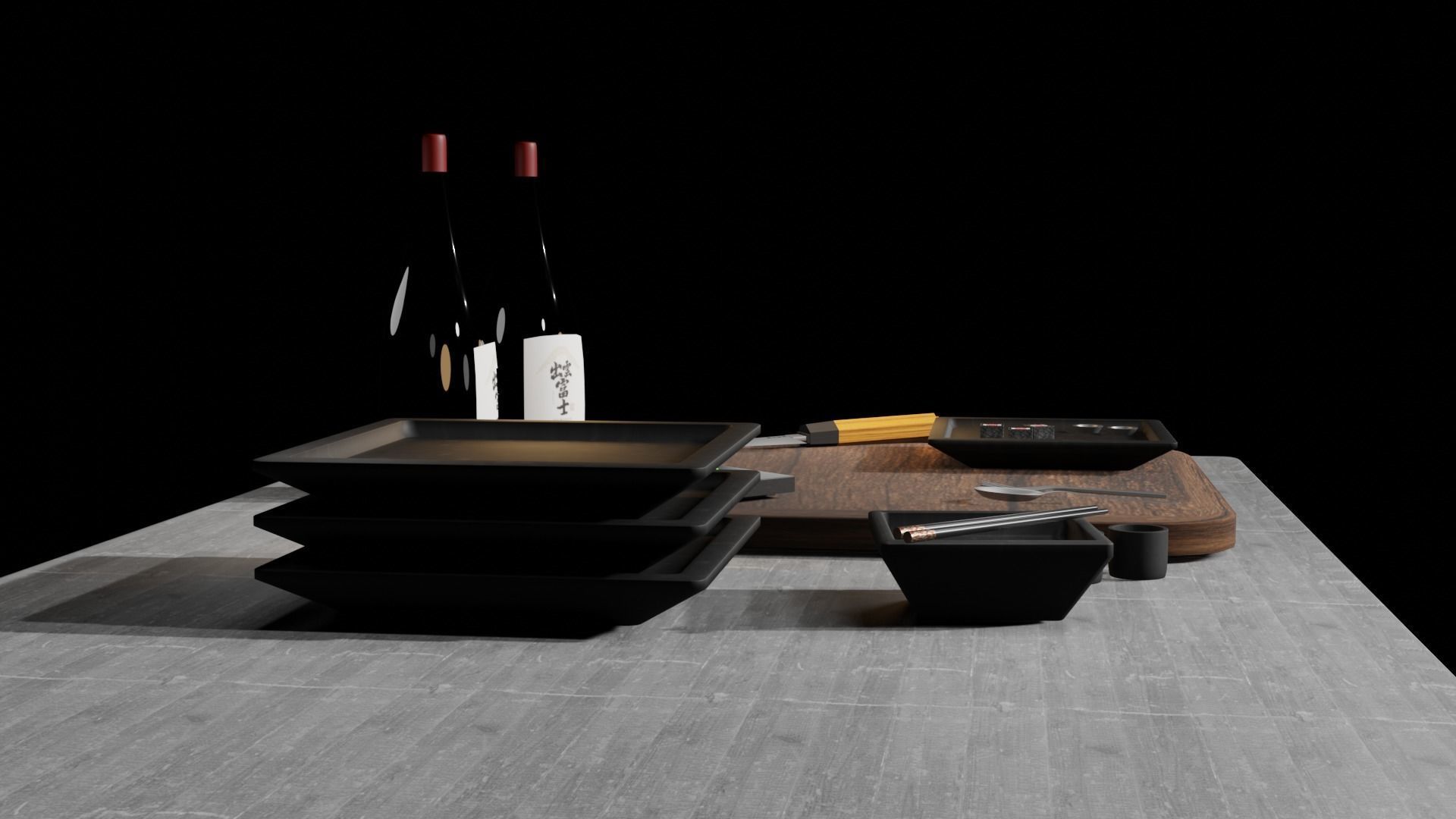 kitchen japanese table with bottle of wine Low-poly 3D model_1