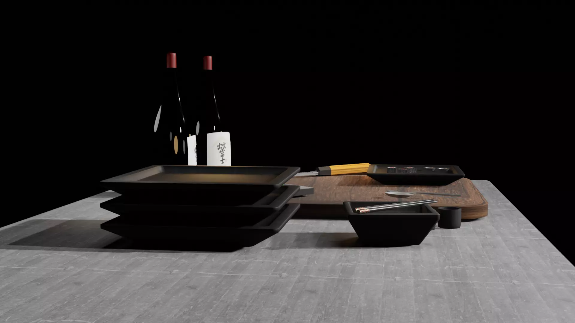 kitchen japanese table with bottle of wine Low-poly 3D model