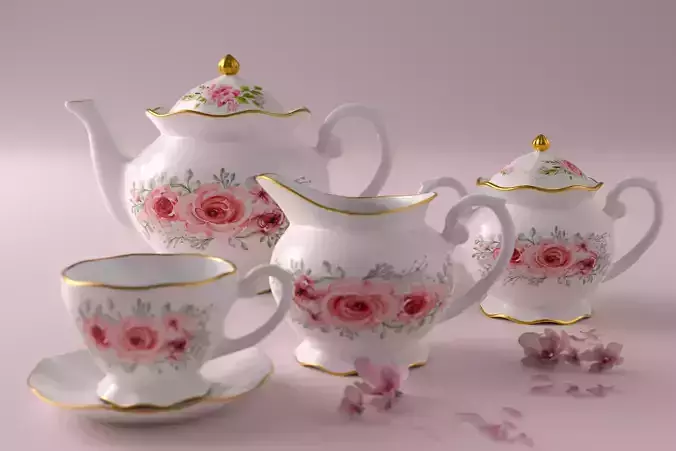 Tea set teapot with roses 3D model