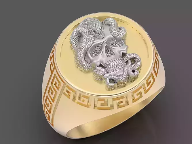 Skull and snake man ring Sculpture jewelry Gold silver 
