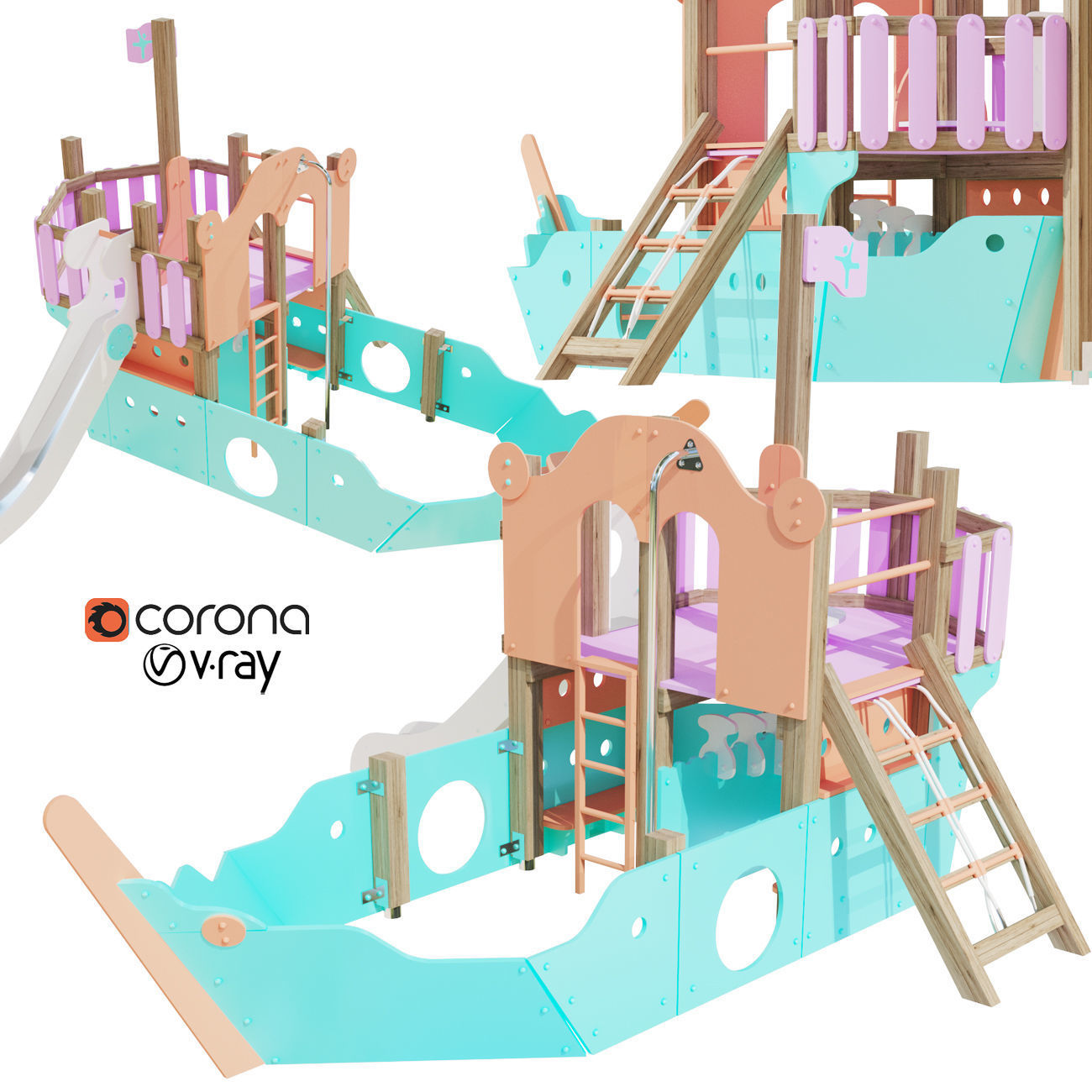 Childrens playground Pirate ship color set 3D model_2